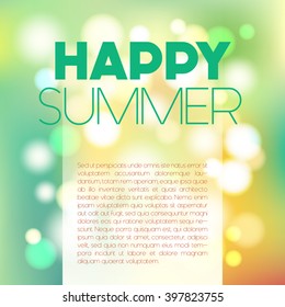 Vector blurred poster with bokeh, happy summer postcard, abstract celebration concept, defocused background