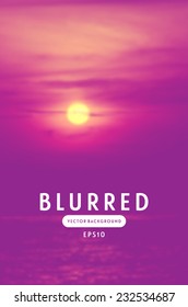Vector blurred retro photographic background. Sunset sky with sun over the sea, bright purple shades