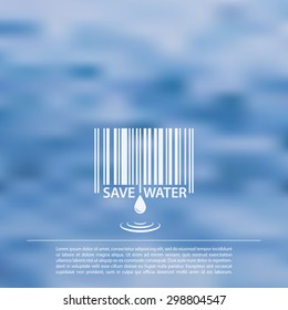 Vector blurred sea background with save water barcode label 
