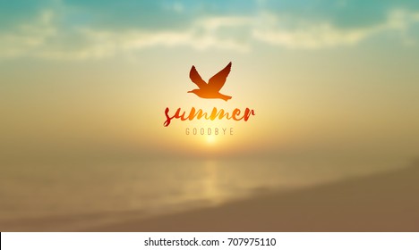 vector blurred sunrise seascape and seagull silhouette