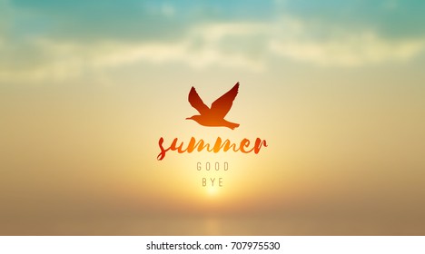 vector blurred sunrise seascape and seagull silhouette