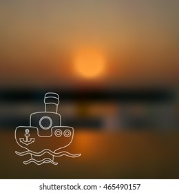 Vector blurred sunset background with doodle hand drawn ship. Unfocused sun and sea pattern.