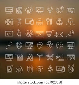 Vector blurred sunset background with Internet technology and programming white linear icons.. Unfocused sun and sea pattern.  Html, php, development line style symbols. Seo and optimization elements.