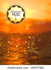 Vector blurred sunset background with music notes. Seaside. Nature view. Vector illustration. Badge, label. Sea blur background.