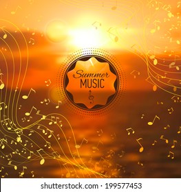 Vector blurred sunset background with music notes. Seaside. Nature view. Badge, label. Sea blur background.