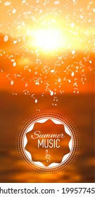 Vector blurred sunset background with music notes. Seaside. Nature view. Badge, label. Sea blur background.