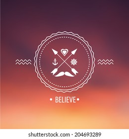 Vector blurred sunset and hipster badge, label on the background of sky view. Web,mobile interface template, website template. Blur backdrop and badge with mustache and arrows.Bright and colorful 