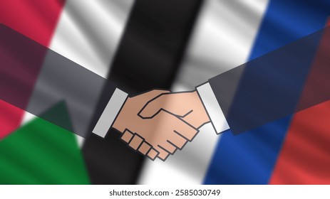 Vector blurred wavy national flags of Republic of Sudan and Russian Federation. Handshake. Relations between countries. Russia and Soudan. Political economic banner.