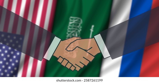 Vector blurred wavy national flags, United States of America, Saudi Arabia and Russian Federation. Peace negotiations. Handshake. Political wide banner.