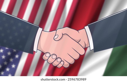Vector blurred wavy national flags of United States of America and Hungary. Deal. Male handshake. American and Hungarian political wide banner. Starry striped and tricolor