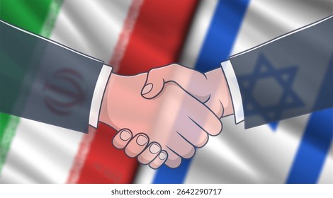 O vetor borrou as bandeiras nacionais onduladas da República Islâmica do Irã e Israel. Relações entre Estados. Negociação, aperto de mão transparente