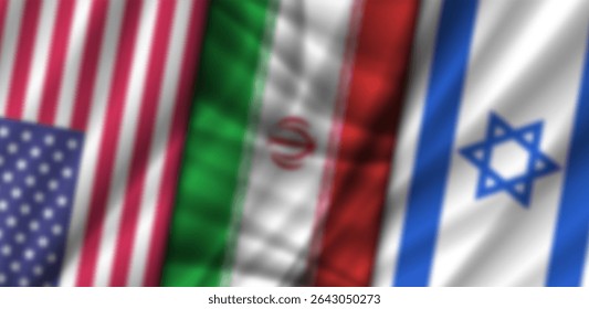 Vector blurred wavy national flags, United States of America, Islamic Republic of Iran and Israel. American and Israeli alliance. Political military wide blurry banner. Background