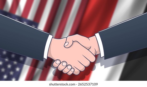 O vetor borrou as bandeiras nacionais onduladas dos Estados Unidos da América e da República do Iêmen. Cartaz político. Relações entre países. Acordo. Aperto De Mão. Banner desfocado