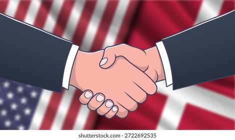 El Vector difuminó banderas nacionales onduladas de los Estados Unidos de América y Dinamarca. Relaciones entre países. Anuncio americano y danés. Apretón de manos y trato
