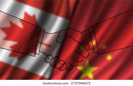 El Vector difuminó las banderas nacionales onduladas de Canadá y la República Popular de China. La política canadiense y china desdibuja el Anuncio. Estrellas y hoja de arce. Apretón de manos. Acuerdo