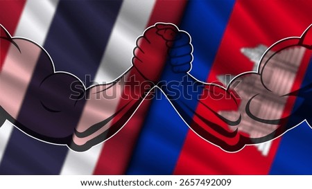 Vector blurred wavy national flags of Kingdom of Thailand and Kingdom of Cambodia. Confrontation between asian countries. Political and economic banner. Powerful muscular arm wrestling