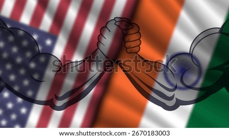 Vector blurred wavy national flags of United States of America and Republic of India. Tariff confrontation. Arm wrestling. Political economic banner