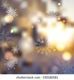 Vector blurred winter abstract background. Winter golden sunset, frost and  snow covered branches.