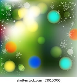 Vector blurred winter abstract background. Christmas green tree with red and blue balls  backdrop with snowfall. 