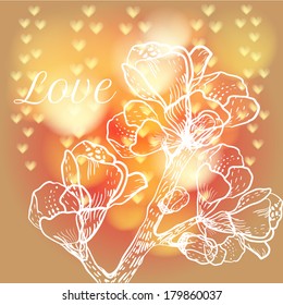vector blurry background with bokeh, spring flower branch and hearts