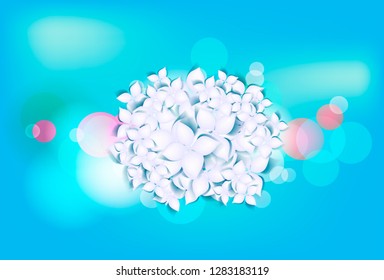 Vector blurry bokeh background in bright blue sky and candy pink colors with light lense splashes and bouquet of hortensia flower