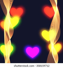 Vector. Blurry bright background abstraction with coloured hearts yellow waves