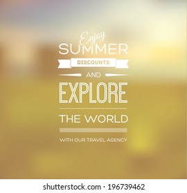 Vector blurry soft beige summer poster with photographic bokeh background. Smooth unfocused film effect. Enjoy summer discounts and explore the world. 