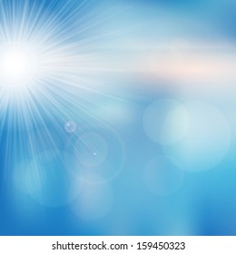 Vector blurry soft blue sky background with photographic bokeh effect and bright sun