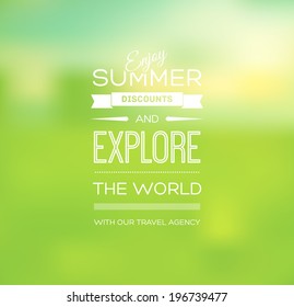 Vector blurry soft green summer poster with photographic bokeh background. Smooth unfocused film effect. Enjoy summer discounts and explore the world. 