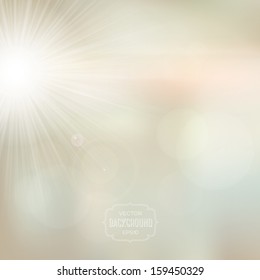 Vector blurry soft light beige background with photographic bokeh effect and bright sun. Pale beige tones. Smooth unfocused film effect. Radiant rays, a bright warm day outdoors.