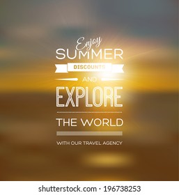 Vector blurry soft summer poster with photographic bokeh background. Smooth unfocused film effect. Enjoy summer discounts and explore the world. Golden sunset light