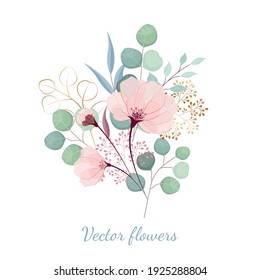 Vector blush flowers with green leaves eucalyptus and gold plants.