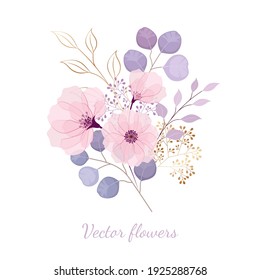 Vector blush flowers with purple leaves eucalyptus and gold plants.