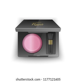 Vector Blusher of pink color, in Plastic Case of Black color with Makeup Brush Applicator and Mirror. Top View Isolated on White Background