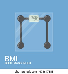 Vector BMI machine, body fat monitor,  blue background, modern flat design, fat calculator