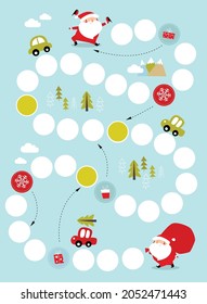 Vector board Christmas game for children. Advent calendar. New Year's game. Labyrinths. Santa Claus. Christmas Poster, postcard. Happy New Year and Christmas.
