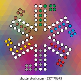 Vector board for a family game Ludo to six players on a red colored background 