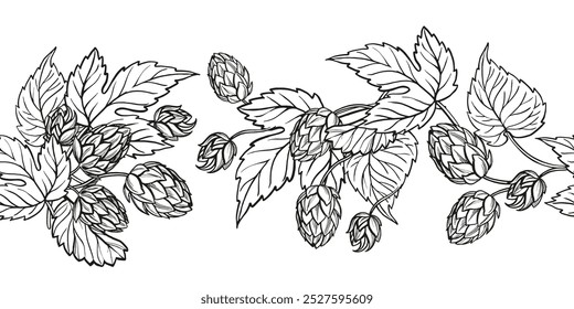 vector board of hop plant with leaves and buds, hand drawn craft beer ingredients, black and white illustration of branch humulus lupulus, inked illustration isolated on white background