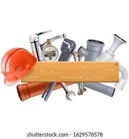 Vector Board with Sanitary Engineering Accessories isolated on white background