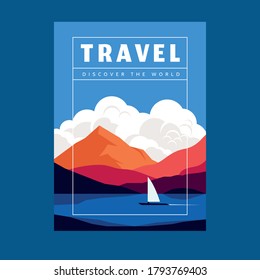 
Barco vectorial sobre el telón de fondo de las montañas, el paisaje de los ríos y las nubes. Viajes: descubre el fondo del mundo con letras para tarjetas o carteles