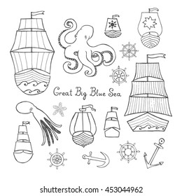 Vector Boat, Rook and Sea Hand-drawn Doodles on White Background With Octopus and Anchors 