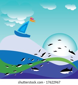 Vector boat in storm