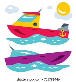 Vector Boats. Flat style colorful Cartoon illustration.