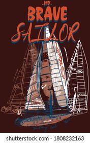 Vector boats with sails of marine design. Vector illustration. A brave sailor.