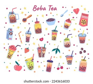 Vector boba tea types doodle set. Tapioca bubble tea drinks in plastic cups with straws, mason jars and glasses. Different ingredients and drinks flying. Berries in spoon, plate, cherry, apple fruits