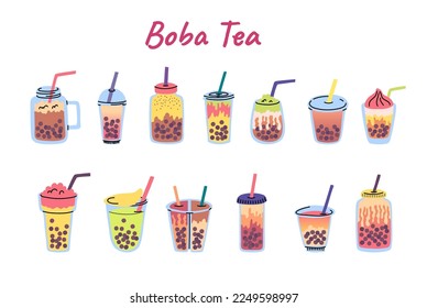 Juego de doodles tipo de té de boba vector. Té de burbujas en vasos de plástico, vasos de plástico con gorras y jarras de albañil con ilustración de pajita. Bebidas dulces de tapioca con burbujas, diferentes toques y sabores