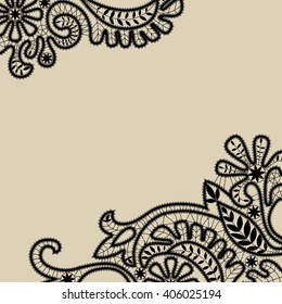 Vector bobbin lace ornament in corners. Vintage retro black guipure. Beige background. Place for your text in the middle. Pattern for banner, greeting card, wedding invitation, business card, identity