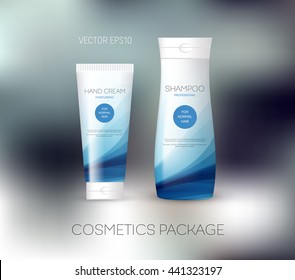Vector Body Care Cosmetics Design Concept. Tube Cream And Shampoo Bottle. Packaging Template. Blue Tones