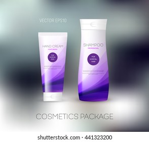 Vector body care cosmetics design concept. Tube cream and shampoo bottle. Packaging template. Purple tones