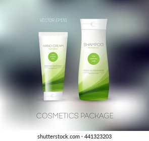 Vector body care cosmetics design concept. Tube cream and shampoo bottle. Packaging template. Green tones